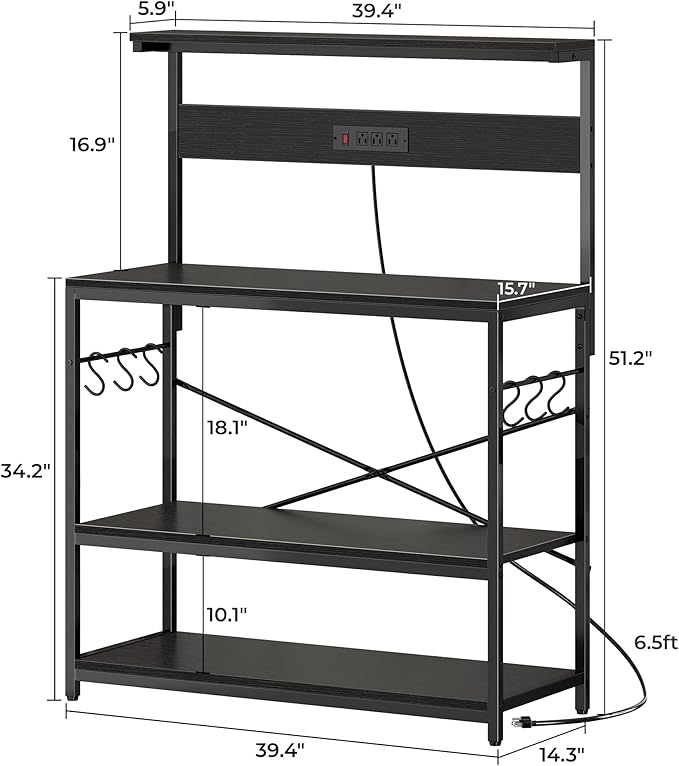 SUPERJARE Bakers Rack with Power Outlets, Microwave Stand, 39.4 X 14.3 Inch Larger Desktop, Kitchen Storage Rack with Adjustable Middle Shelf, 6 S-Shaped Hooks, Coffee Bar Stand, Black