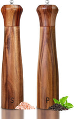 2 Pack 10 Inch Acacia Wooden Salt and Pepper Grinder Set, Manual Salt and Pepper Mills, Salt Grinder Refillable with Adjustable Coarseness, Ceramic/Stainless Steel Core Tableware Gifts