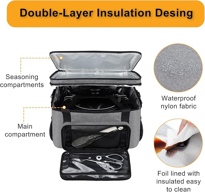 Slow Cooker Carrying Bag, Double Layer Insulated Design Slow Cooker Carrier with Removable Hard Liner and Pot Lid Fastener Fit for 6-8 Quart Crock Pot, Gray