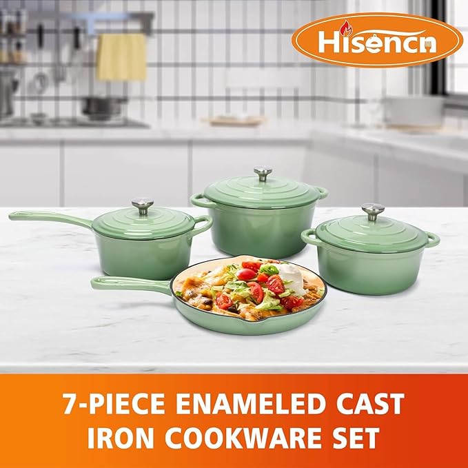Hisencn Enameled Cast Iron Cookware Set - 7 Piece Set of Dutch Ovens, Sauce Pan, Skillet, 3 Lids, Dutch Oven Set, Ceramic Coated Cast Iron, Heavy Duty, Gas/Induction Compatible (Pistachio Green)