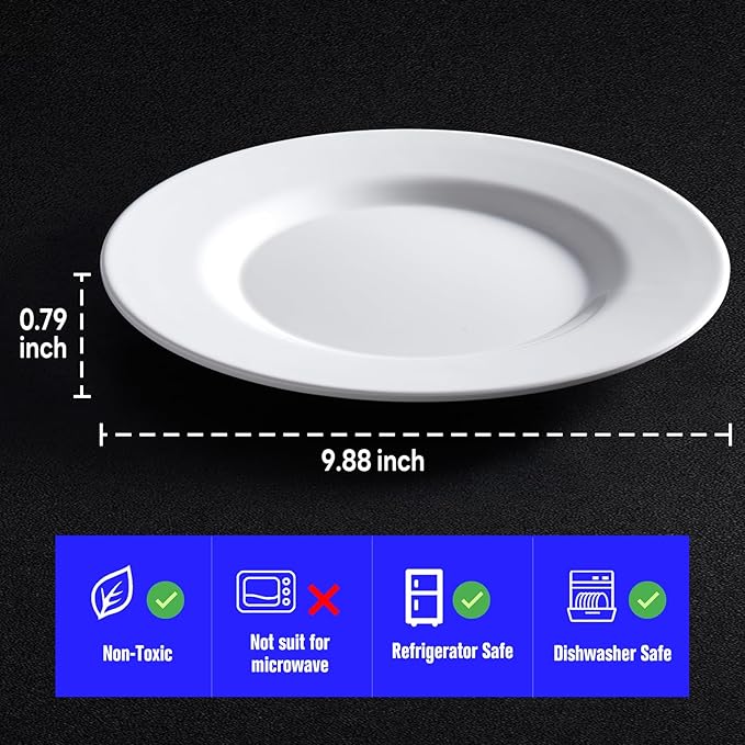Plates 10inch Melamine Dinner Plates Round White Durable Dishes Set of 8 for Salad Dessert Dinner