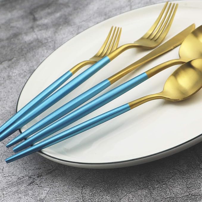Gugrida Blue Handle Matte Gold Silverware Set - 5-Piece 18/10 Stainless Steel Satin Finish Flatware, Kitchen Utensils, Tableware Travel Cutlery for Camping, Office, School Lunch - Dishwasher Safe