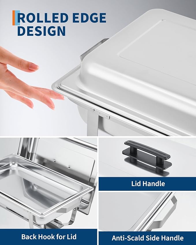 Garvee Chafing Dishes for Buffet Set of 2, 8QT Buffet Servers and Warmers Set with Lid & Foldable Frame, Rectangular Stainless Steel Chafer Food Warmer for Parties Wedding Catering Supplies, Silver