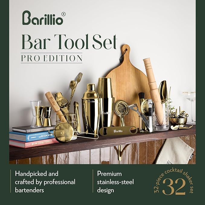 Barillio Bar Tool Set Pro Edition - Gold Stainless-Steel Cocktail Shaker Set - Mixology Bartender Kit w/Boston Shaker, Drink Mixer & Muddler for Cocktails - Home Bar Accessories - 32-Pc Bar kit