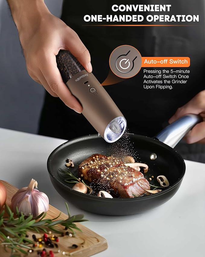 AmuseWit Gravity Electric Salt and Pepper Grinder Set [White Light] USB Rechargeable Automatic Pepper and Salt Mills,Adjustable Coarseness,One-Handed Operation,Greige