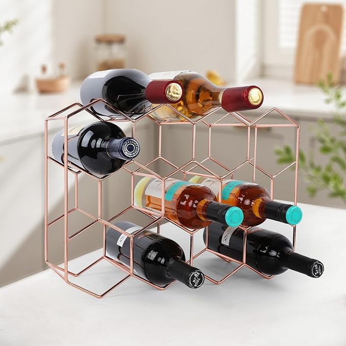 Rose Gold Wine Rack Countertop 14 Bottles, Geometric Stainless Steel Wine Bottle Holder,3 Tier Wine Racks for Cabinet Pantry Bar Table No Assembly Required