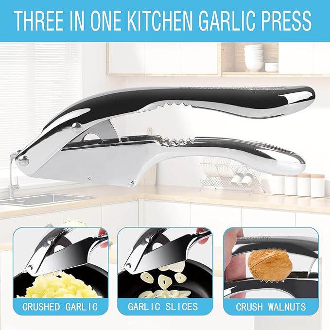 Garlic Press and Slicer 2 in 1, Rust Proof & Dishwasher Safe Professional Garlic Mincer Tool, Effortlessly Crush and Mince Garlic with this Ergonomic Handle-Garlic Slicer & Brush ANCQMI(Silver)