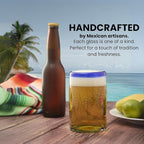 Corazón Bonito Handblown Mexican Glasses Set of 6, Blue Cobalt Rim Drinking Glasses, Artisan Crafted Glassware (17 oz each)