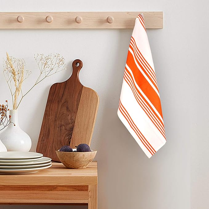 Urban Villa Kitchen Towels 100% Cotton Pack of 6, Highly Absorbent Quick Drying Super Soft Premium Dish Towels for Kitchen with Hanging Loop Hand & Tea Towels - 20x30 Inch, (Orange & White, Striped)