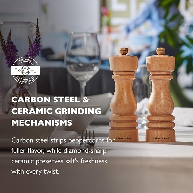 Cole & Mason London Refillable Spice Mill - Kitchen & Home Accessory - Salt and Pepper Grinder Set with Ceramic and Carbon Steel Mechanism - 7", Natural Beech