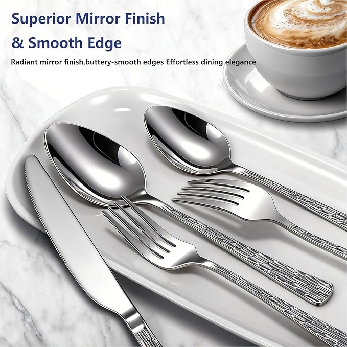 Yoehka 60-Piece Hammered Silverware Set for 12, Stainless Steel Flatware Set with Tree Pattern Handles, Mirror Polished Cutlery/Utensils Set for Home, Restaurant, Hotel, Dishwasher safe