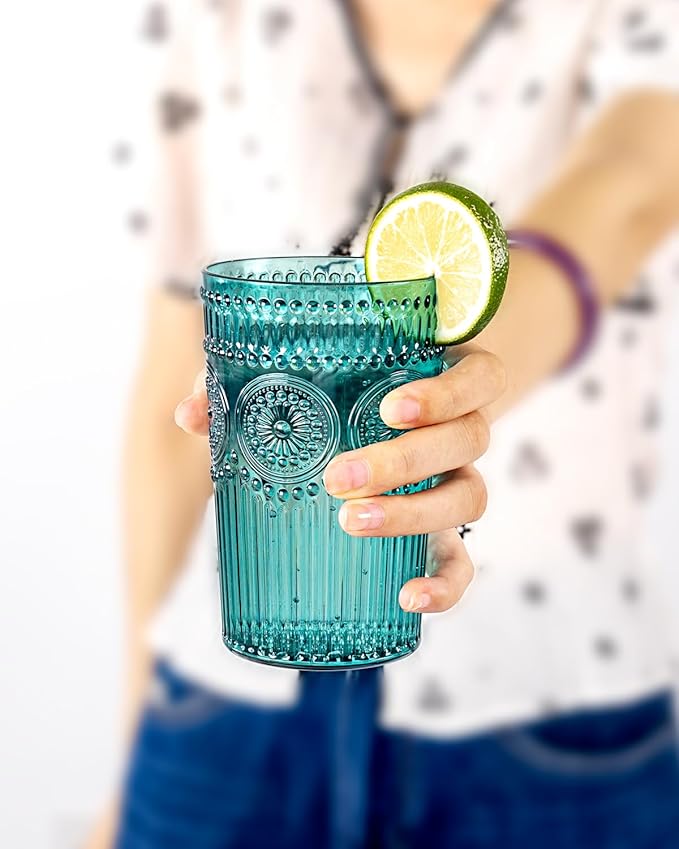 Ciaell 12 Pack Romantic Plastic Water Glasses - 14 Oz Green Vintage Drinking Glasses, Embossed Ribbed Plastic Cups, Textured Striped Set for Juice, Beverages, Beer, Cocktail, Christmas