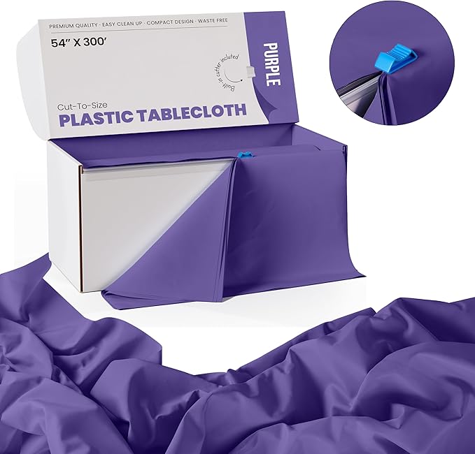 Exquisite Purple Plastic 54x300in Rectangular Tablecloth Roll with Built-in Cutter - 30 Feet, Disposable, Waterproof, All-Season, Birthday