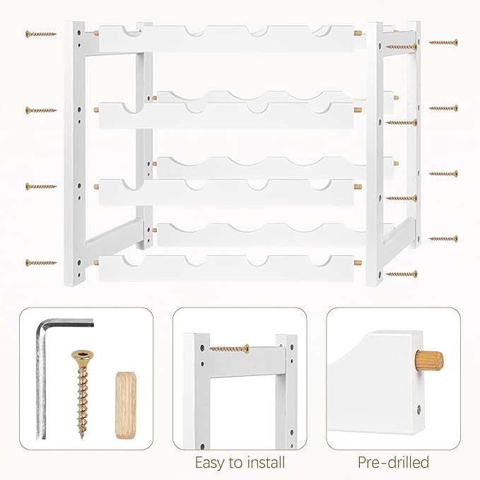 VASMIA Wine Rack, 4-Tier Bamboo Wine Racks Countertop,Sturdy and Durable Wine Storage Cabinet Shelf,16 Bottles Wine Holder for Kitchen Pantry, White