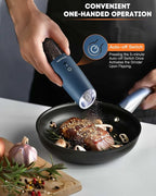 AmuseWit Gravity Electric Salt and Pepper Grinder Set [White Light] USB Rechargeable Automatic Pepper and Salt Mills,Adjustable Coarseness,One-Handed Operation, Misty Blue