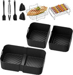 Silicone Air Fryer Liners for Ninja DZ071 (3.5qt x2 + 7qt x1) | 10-Piece Air Fryer Accessories Set with Oil Brush, Gloves, Food Clips, Scraper & Grill Mats | Dishwasher Safe, BPA-Free (Black)