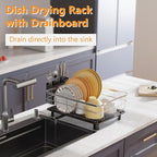 Stainless Steel Dish Drying Rack with Drainboard Dish Drainers for Kitchen Counter Extendable Spout Strainers with Utensil Holder and Knife Slots, Black