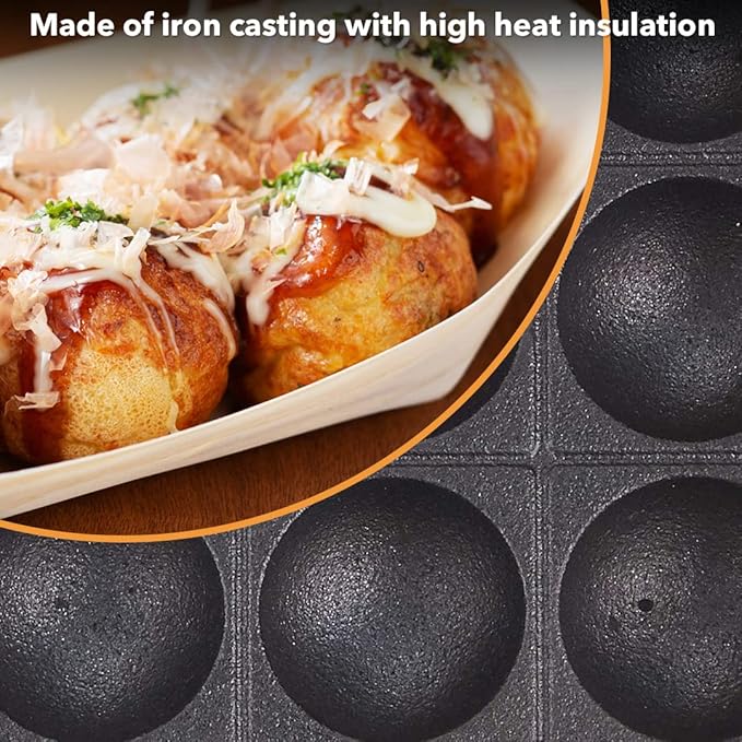 TIKUSAN Takoyaki Pan Cast Iron Takoyaki Maker Skillet Griddle Japanese Octopus Meat Ball Mold Maker for Gas Heater (21 Molds)
