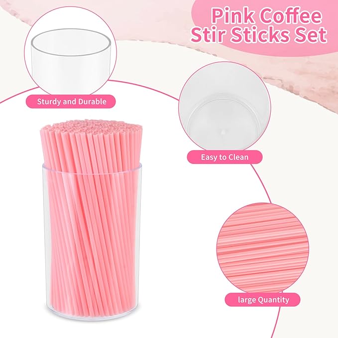 500 Pcs Pink Coffee Stir Sticks Set Coffee Stirrers Holder Acrylic Stir Stick Holder Bar Straws Cocktail Straws Drink Stirrers for Coffee Bar Cocktail Milk Tea Restaurant Home Kitchen Party Supplies