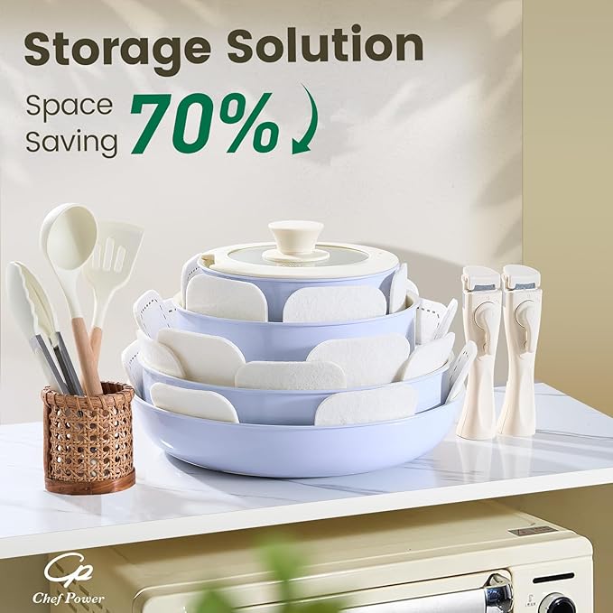 Chef Power Ceramic Nonstick Pots and Pans Set 19 Piece with Detachable Handle, Induction Dishwasher Oven Safe Cookware Set, RV Kitchen Set Removable Handle (Light Purple)