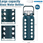 MUKOKO Half Gallon/64 oz Glass Water Bottles with Straw and Lid,Motivational Water Jug with Time Marker Reminder and Silicone Sleeve,100% Leakproof BPA Free Fitness Sports Large Bottle-Blue