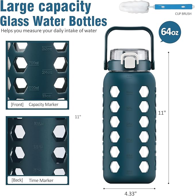 MUKOKO Half Gallon/64 oz Glass Water Bottles with Straw and Lid,Motivational Water Jug with Time Marker Reminder and Silicone Sleeve,100% Leakproof BPA Free Fitness Sports Large Bottle-Blue