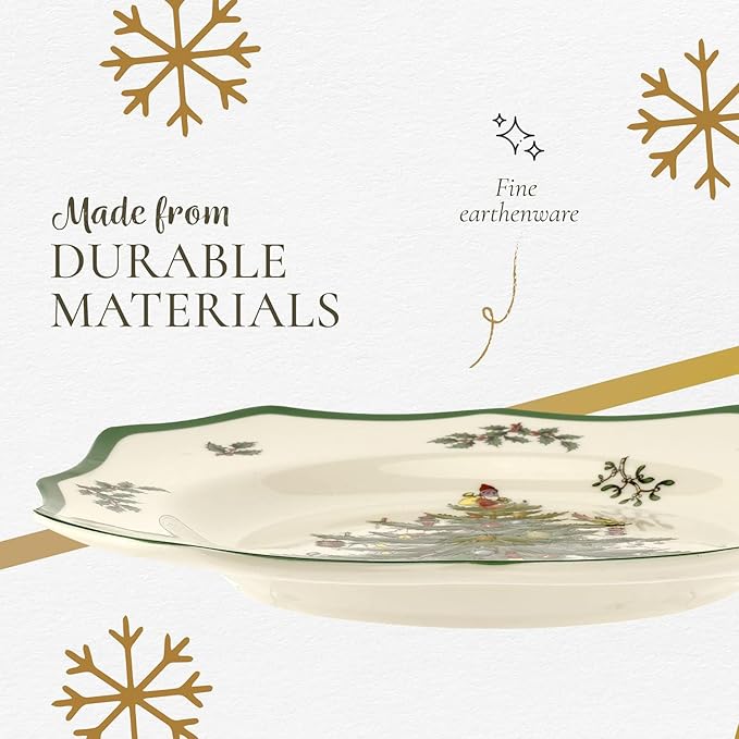 Spode Christmas Tree Scalloped Dinner Plate - Holiday-Themed Stoneware Large Plate - 10.5 Inch Christmas Dinner Dish Featuring Colorful Gifts & Mistletoe Accents - Dishwasher & Microwave Safe