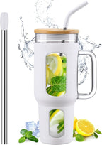 Glass Tumbler with Lid and Straw, 46 oz Iced Coffee Cup with Handle, Large Water Bottles with Silicone Sleeve, Glass Cup with Straws - Pearl Straw & Drinking Straw BPA Free-White