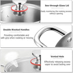 TeamFar 8 Quart Stock Pot, Stainless Steel Tri-ply Stockpot Pasta Cooking Pot with Glass Lid, for Induction Electric Gas Ceramic Stoves, Toxic Free & Heavy Duty, Double Handles & Dishwasher Safe