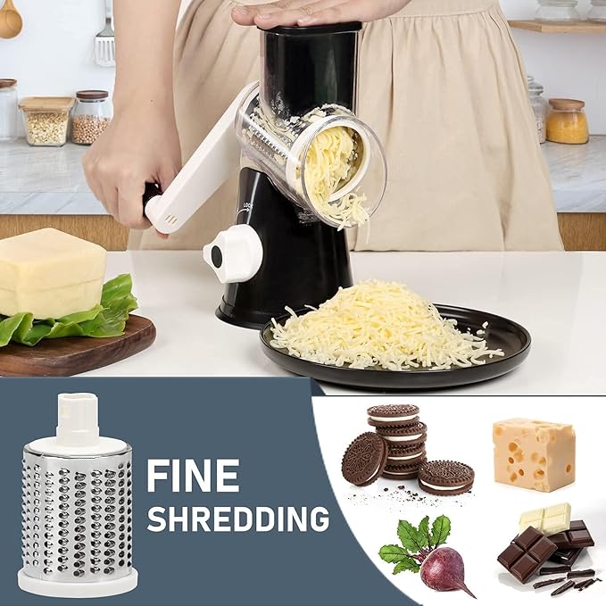 KEOUKE Rotary Cheese Grater Hand Crank Black - Shredder Slicer Grinder 3 Stainless Steel Blades, Stable Suction, Labor-Saving Handle, Safe Kitchen Tool for Cheese, Vegetable, Nuts, Chocolate