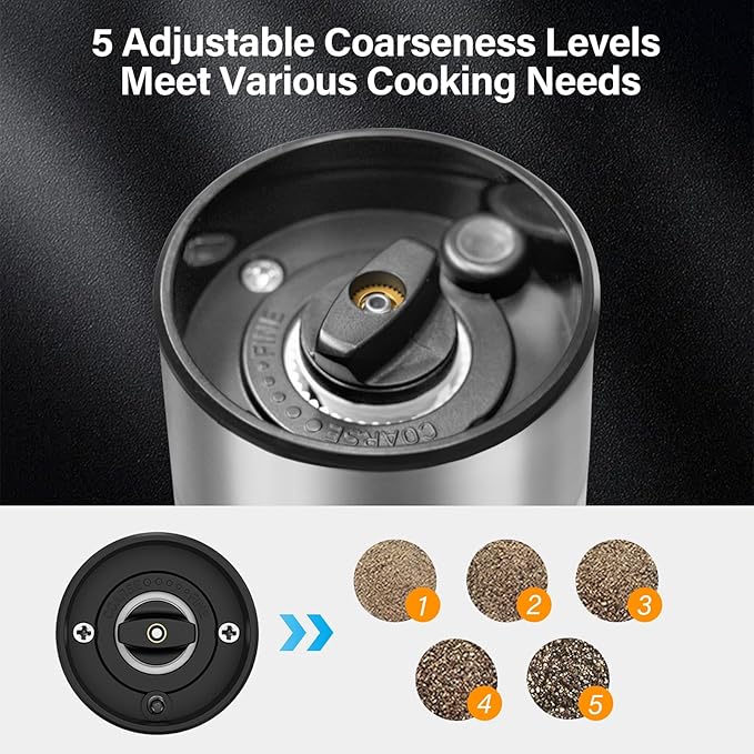 Electric Salt and Pepper Grinder Set Rechargeable, Automatic Salt and Pepper Grinder Set for Kitchen, USB Charging Base & LED Light, Adjustable Coarseness, Stainless Steel