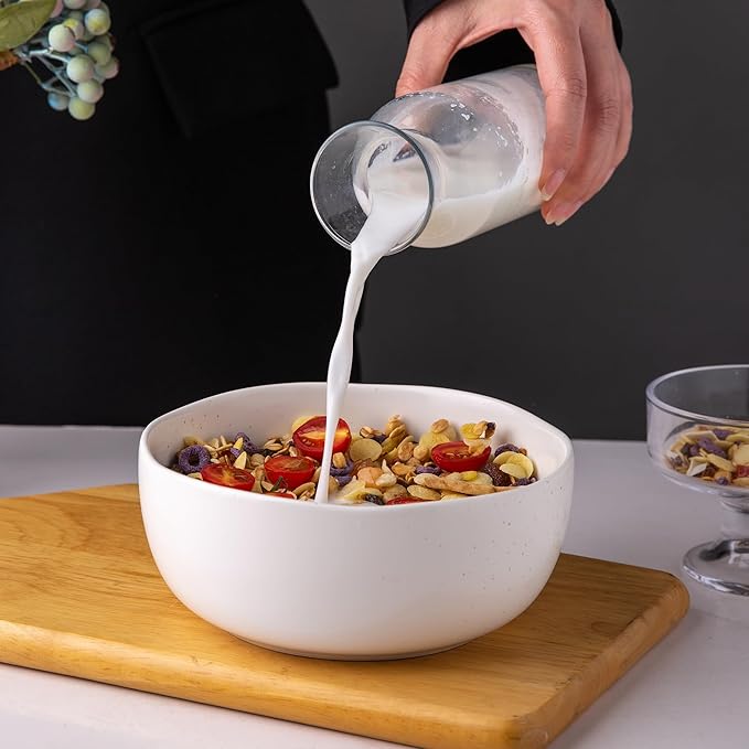 AmorArc Speckled Cereal Bowls Set of 4 for Kitchen, 28oz Large Ceramic Soup Bowls for Cereal Soup Noodle Snacks, Oven,Dishwasher&Microwave Safe Stoneware Bowls with Wavy Rim, Speckled-White