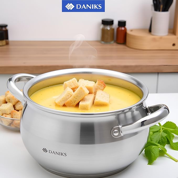 Daniks Classic 2 Quart Stainless Steel Stock Pot with Glass Lid, Tri-Ply Bottom for Even Heating, Induction Compatible, Dishwasher Safe