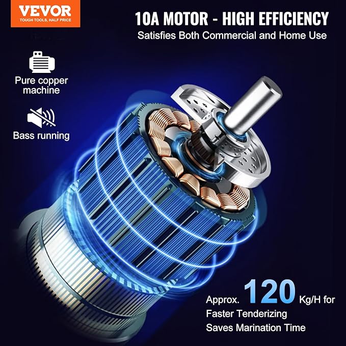 VEVOR Commercial Meat Tenderizer, Heavy Duty Stainless Steel Kitchen Tool with Handle, Meat Tong, and Cleaning Brush, 450W Electric Meat Tenderizer Machine for Beef, Turkey, Chicken, Pork, and Fish