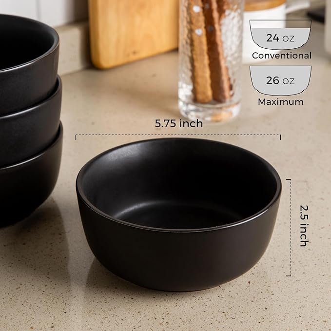 AmorArc Stoneware Cereal Bowls Set of 6, 26oz Soup Bowls Set for Cereal Soup Snacks, Modern Kitchen bowls for Meal, Dishwasher &Microwave Safe, Matte Black