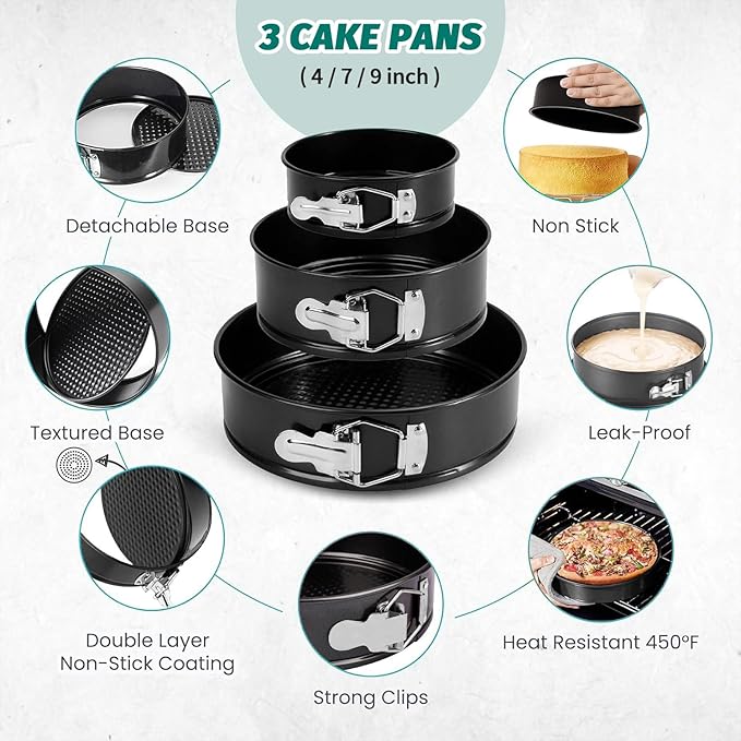 SHIKORI Springform Pan Set, Nonstick 3pcs (4-7-9 in) Springform Pans Cheesecake Pan Removable Bottom, Leakproof Round Spring Form Pans Cake Pans Sets-Black