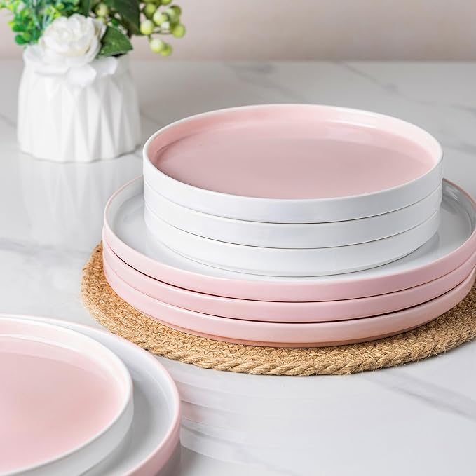 AmorArc Ceramic Plates Set of 6, 8.0 Inch Round Stoneware Salad Plates Use for Dessert, Salad, Appetizer etc,Microwave and Dishwasher Safe, Scratch Resistant Small Deep Dinner Plates-Cloud Pink