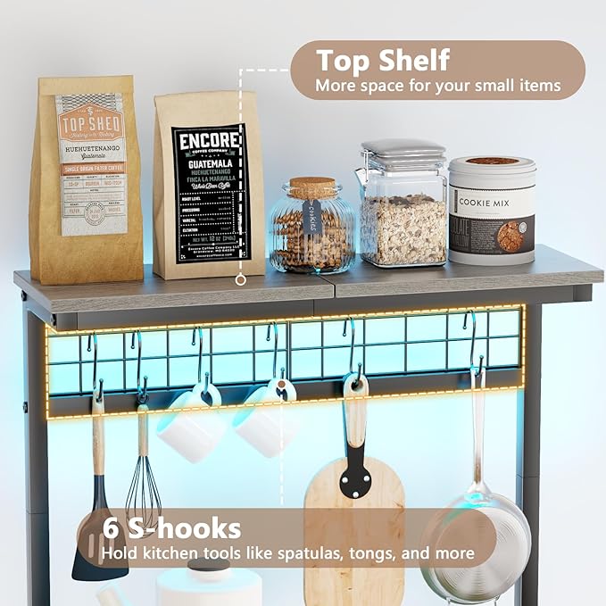 Furologee Bakers Rack with Power Outlet and LED Light, Small Coffee Bar Station with 4 Tier Shelves, Microwave Stand Table with 6 S Hooks, Kitchen Storage Rack for Spices, Pots, Black Oak
