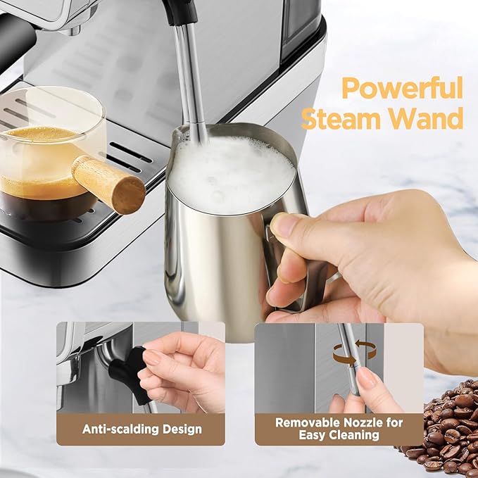 Espresso Machine,20 Bar Semi-Automatic Espresso Maker with Milk Frother,Compact Stainless Steel Coffee Machine with 40oz Removable Water Tank for Cappuccino,Latte, Americano,Sliver for Home