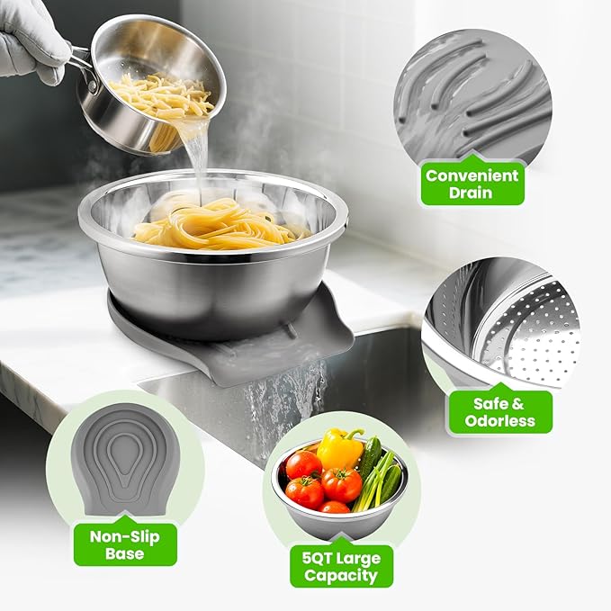 304 Stainless Steel Colander with Food-Grade Silicone Self-Draining Base, Coinicxcel 5QT Colander Strainer for Kitchen, Pasta Strainer for Washing Rice, Spaghetti, Vegetables, Fruit, Dishwasher Safe