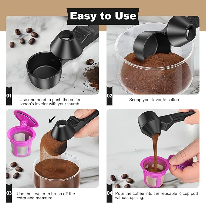 Coffee Scoop & Funnel for Reusable K Cup Refillable Coffee Pods, Coffee Measuring Spoon 2 Tablespoon Capacity, Scoop with Funnel for Ground Coffee, Protein Powder, Tea (Black, 2 Pack)