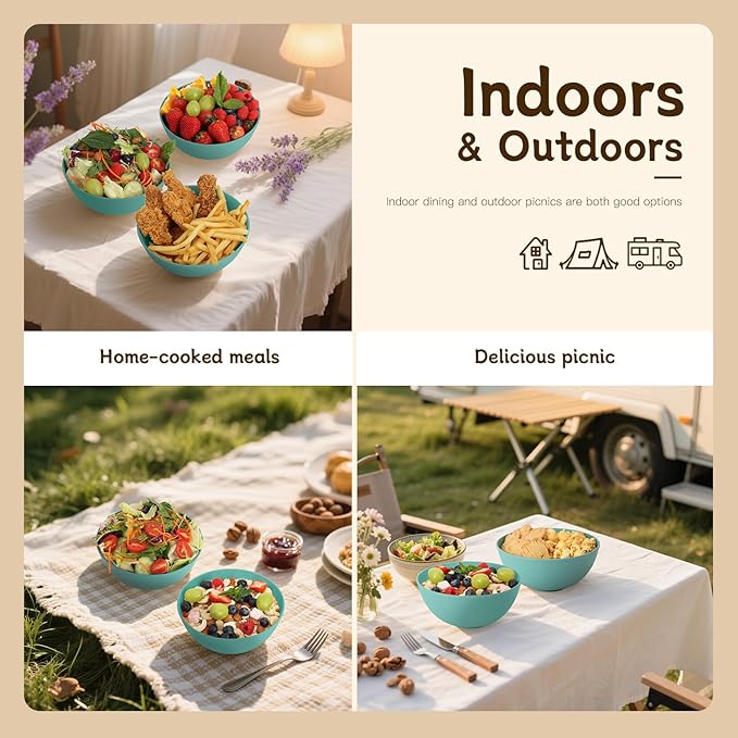 Wheat Straw Bowls for Kitchen set of 6,Anit-Scald Thick Soup Bowls 40oz,Microwave and Dishwasher Safe Bowl set easy to clean. Green