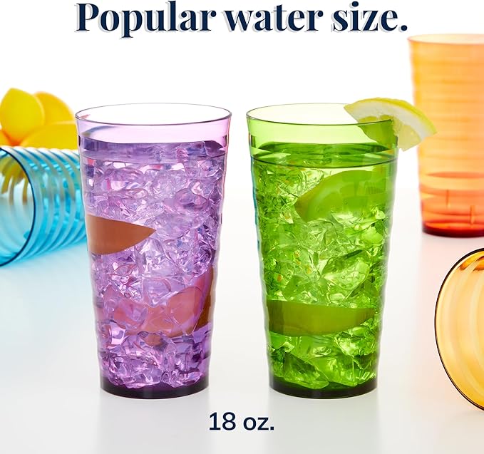 US Acrylic Splash [Set of 16] 18 ounce Plastic Stackable Water Tumblers in Jewel Tone Colors Value Set of Drinking Cups, Reusable, BPA-free, Made in the USA, Top-rack Dishwasher Safe