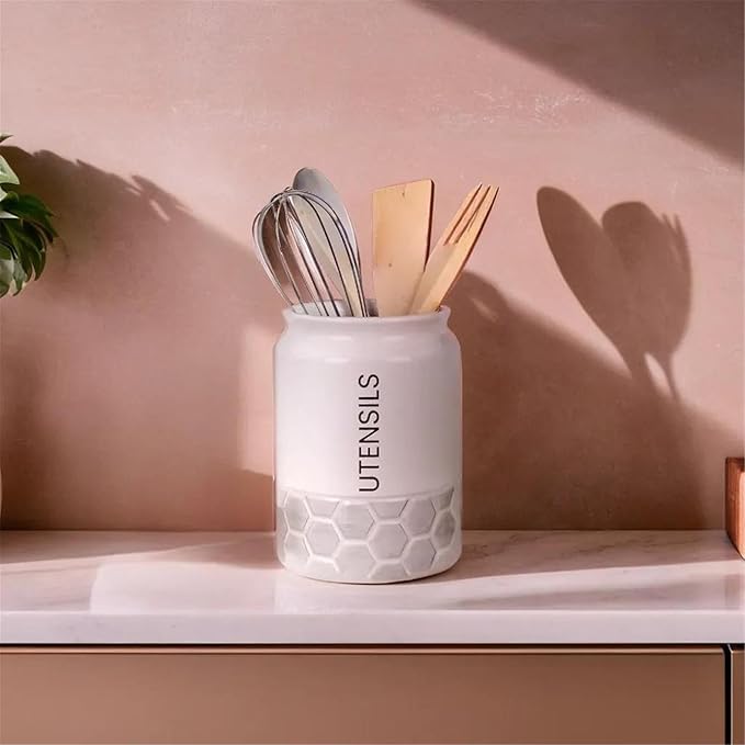 Young's Inc Modern Country Tool Holder with Wood Kitchen Tools, Ceramic Utensil Holder for Kitchen Counter, Cooking Spoon & Spatula Holder for Counter with Utensils, White/Grey