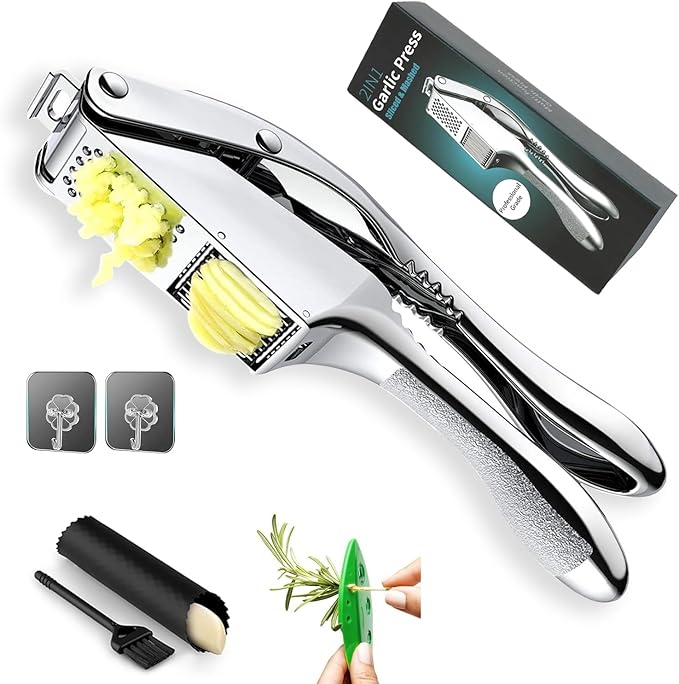 Garlic Press and Slicer 3 In 1, Food Grade Stainless Steel Garlic Mincer Chopper Crusher Garlic Press Kitchen Tool with Garlic Peeler Skin Remover and Clean Brush
