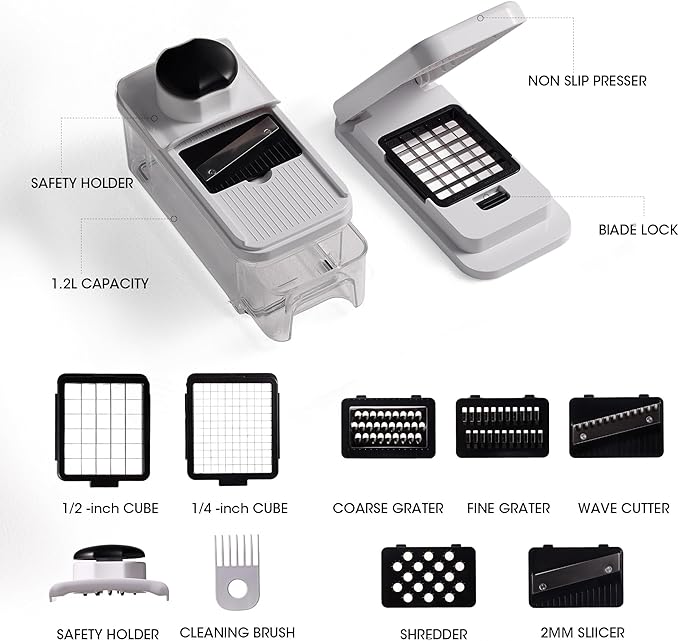 CAROTE Mandoline Slicer Vegetable Chopper with Container, Food Chopper Vegetable Cutter, Cheese Graters, Dicer for Kitchen, BPA-Free Kitchen Gadgets with Safety Holder