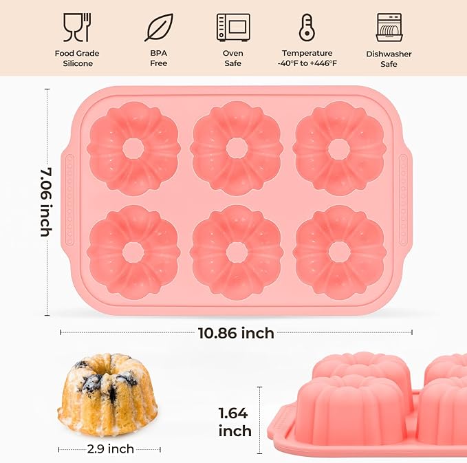 Mini Fluted Tube Cake Pans for Baking with Metal Reinforced Frame, 2Pcs Silicone 6-Cavity Mini Flan Molds, Nonstick Baking Mold for Cupcake, Brownie, Donuts, Cornbread, Jello