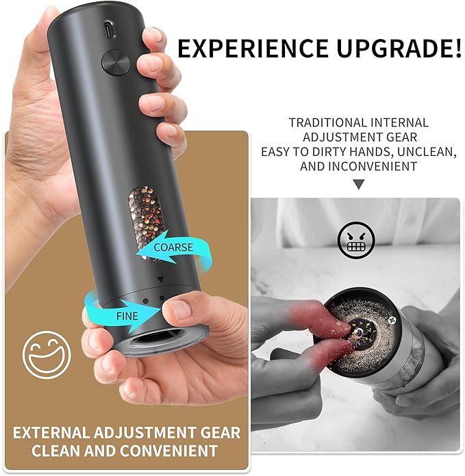 Electric Salt and Pepper Grinder Set – Rechargeable Automatic Mills with 6-Level Adjustable Coarseness, White LED Light, Large 110ml Capacity and Storage Base