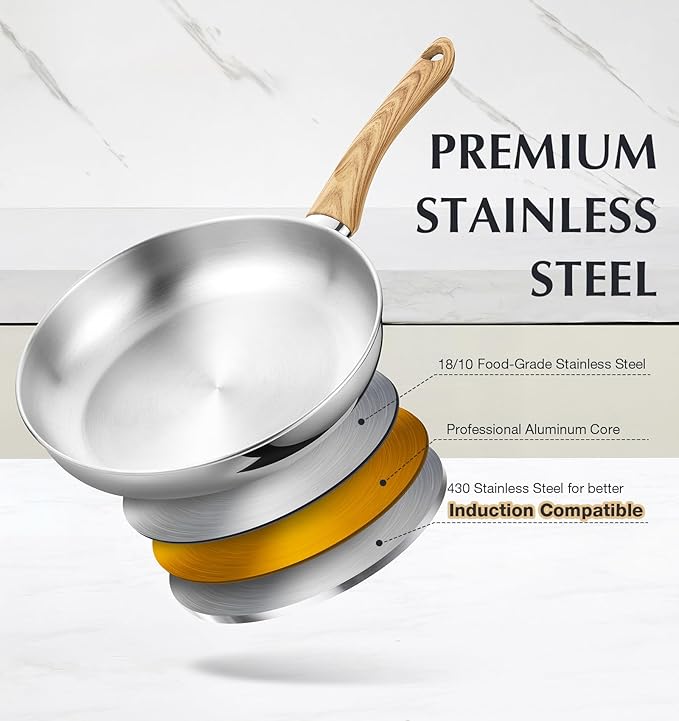 KOCH SYSTEME CS Stainless Steel Pan 12 Inch, Stainless Steel Frying Pan with Lid for Professional Cooking, PFAS-Free 12 Inch Skillet with Cool-Touch Bakelite Handle, Induction Compatible