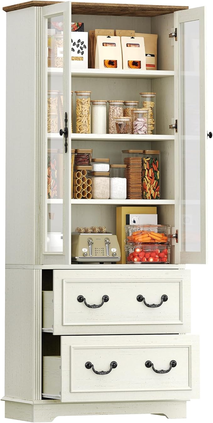 DWVO 76" Kitchen Pantry Storage Cabinet, Freestanding Display Cabinets with Glass Doors & Adjustable Shelves & Drawers, Tall Farmhouse Cupboard for Dining Room, Living Room, Bathroom, White Walnut